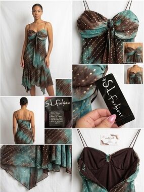 S.L. Fashions Teal and Brown Asymmetrical Slip Dress